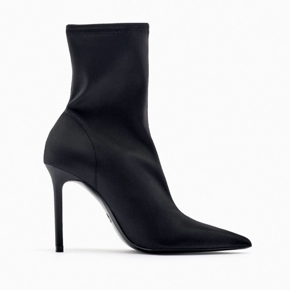Zara Black Satin Stretch Sock Pointed Stiletto Ankle Boot Size 7 NWOT